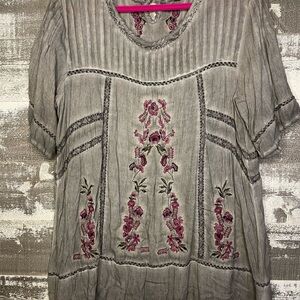 POL Gray Tunic with Pink Floral Embroidery